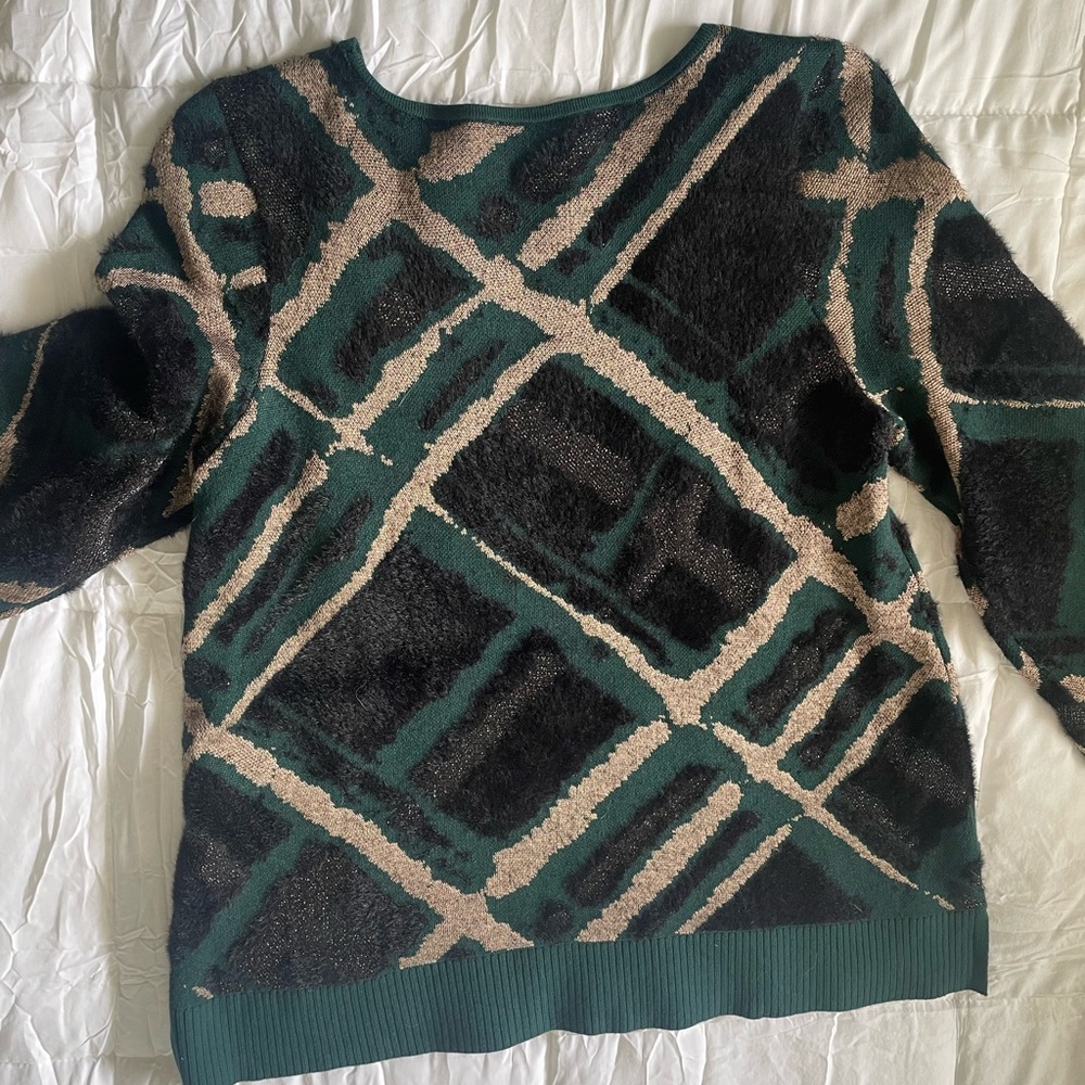 Chico's Geometric Crew Neck Sweater - Green, Black, and Gold